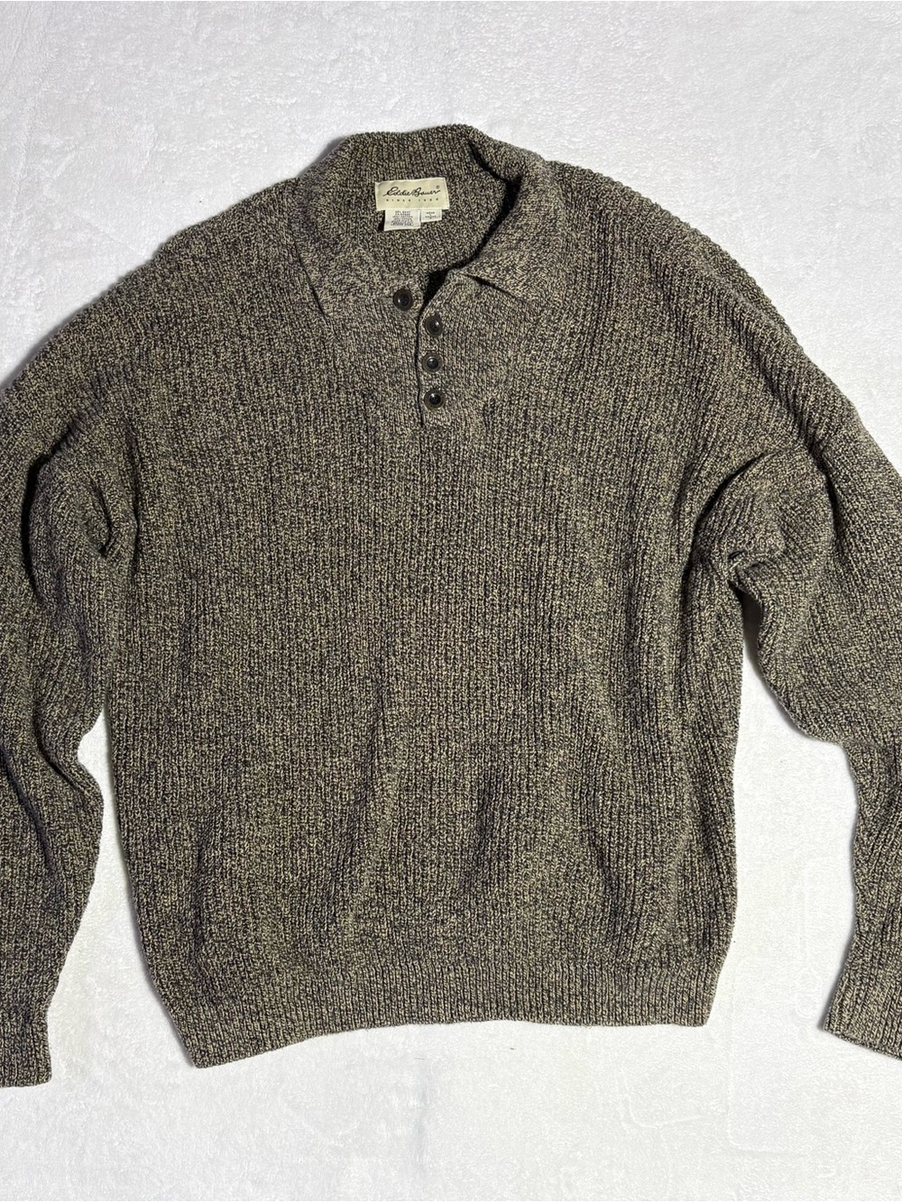 Eddie Bauer Olive Brown Heathered V-Neck Button Polo Sweater